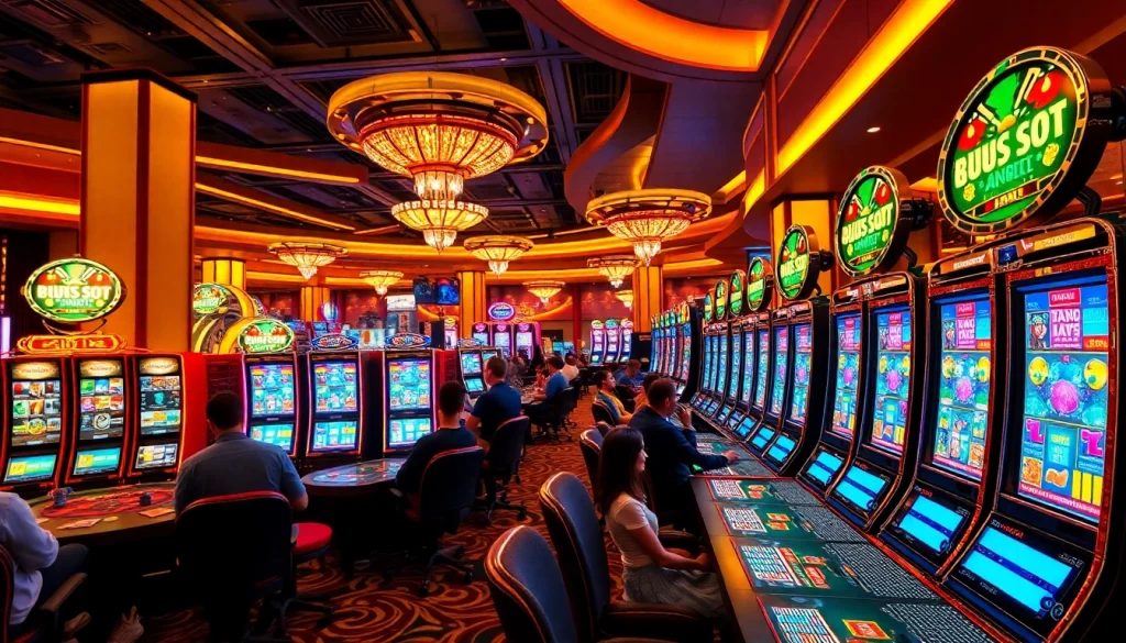 IDNslot players enjoying top-tier slot games in a vibrant casino environment