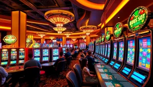 IDNslot players enjoying top-tier slot games in a vibrant casino environment