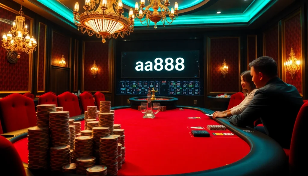 Sentindo a emoção do pôquer de altas apostas no cassino aa888, com jogadores intensos e decoração exuberante.