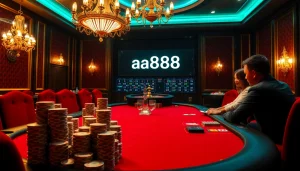 Sentindo a emoção do pôquer de altas apostas no cassino aa888, com jogadores intensos e decoração exuberante.