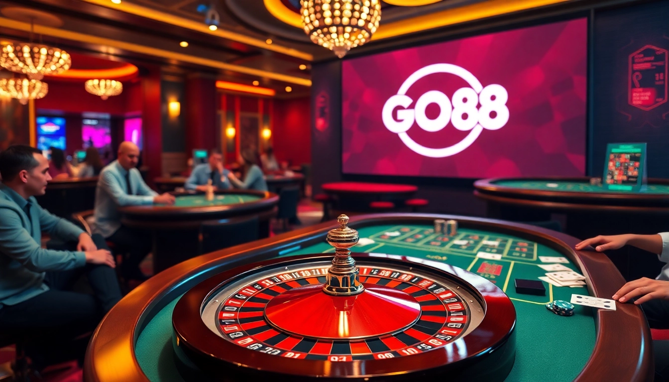 Engaging scene of players enjoying a game at GO88 casino table, showcasing poker chips and cards.