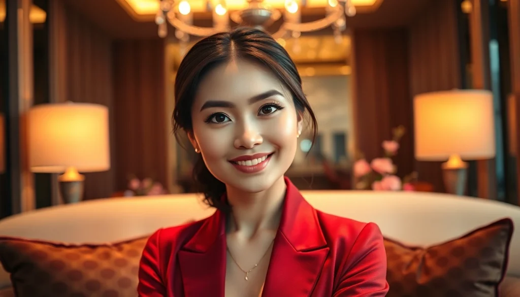 Singapore escort exuding elegance in a luxurious setting, inviting ambiance.