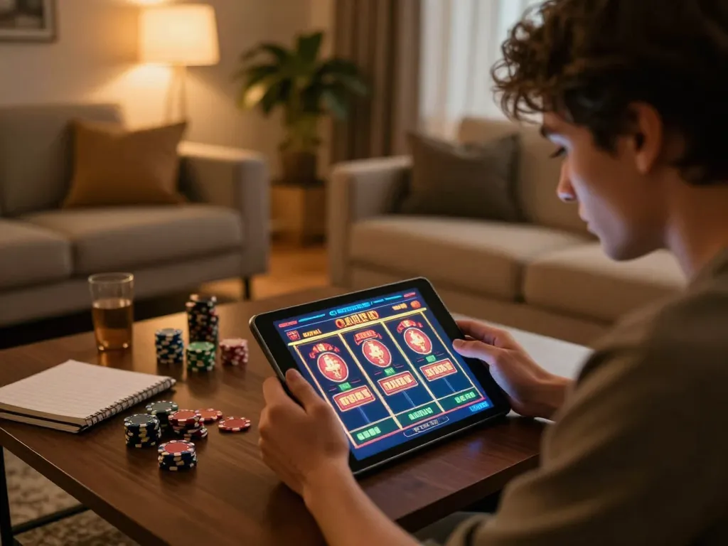 Engaging in nohu slot gameplay at home, surrounded by strategy notes and a warm atmosphere