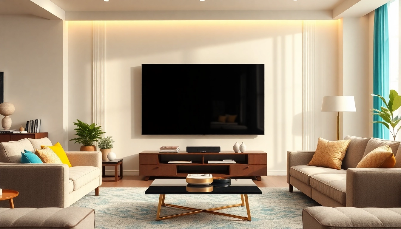 Wymiary telewizora zaprezentowane w nowoczesnym salonie z eleganckim wystrojem.