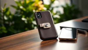 Präsentation einer Handy Tasche abschließbar auf einem Schreibtisch, im Vordergrund leuchtet die elegante Verschlussmechanik.