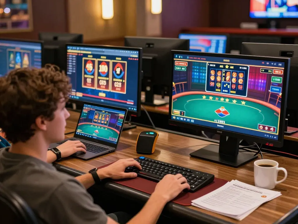 Engaging online casino gaming on https://www.mnm88.com/ with multiple screens displaying poker and slots.