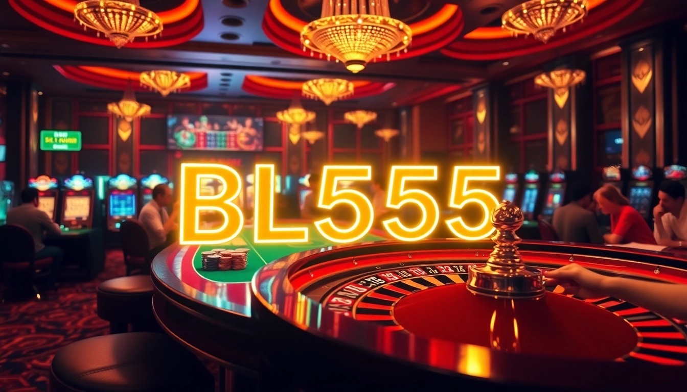 Experience a vibrant casino scene with the BL555 neon sign, highlighting thrilling gambling activities.