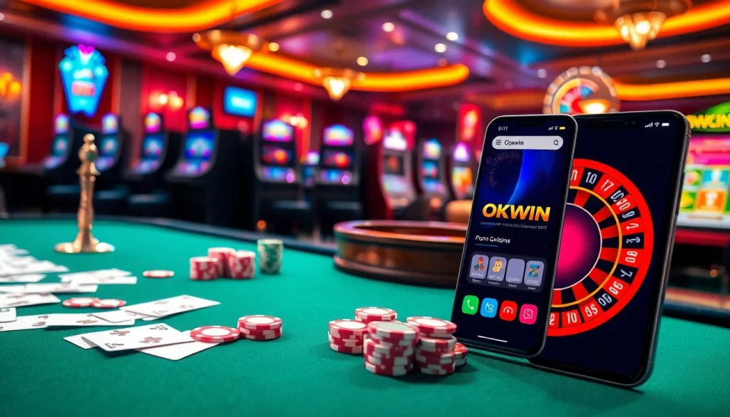 Engaging scene of high-stakes gambling featuring the okwin app on a smartphone amidst vibrant casino visuals.