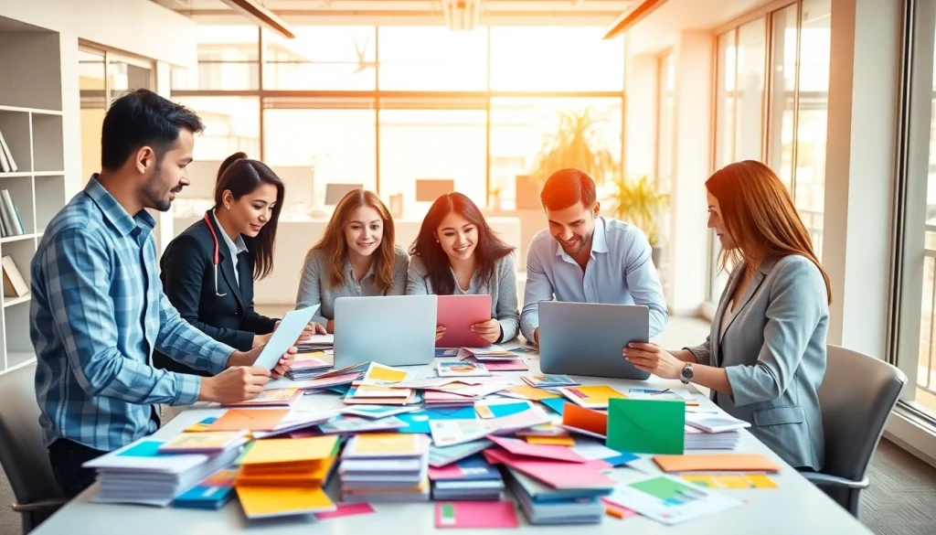 Direct mailing company team collaborating in a vibrant office environment, showcasing innovative solutions.