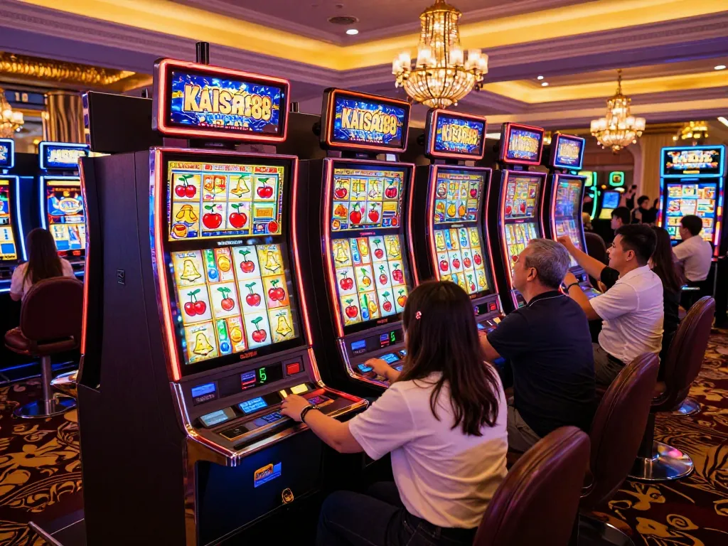 Engaged players celebrating wins at vibrant kaisar888 slot machines in a lively casino environment.