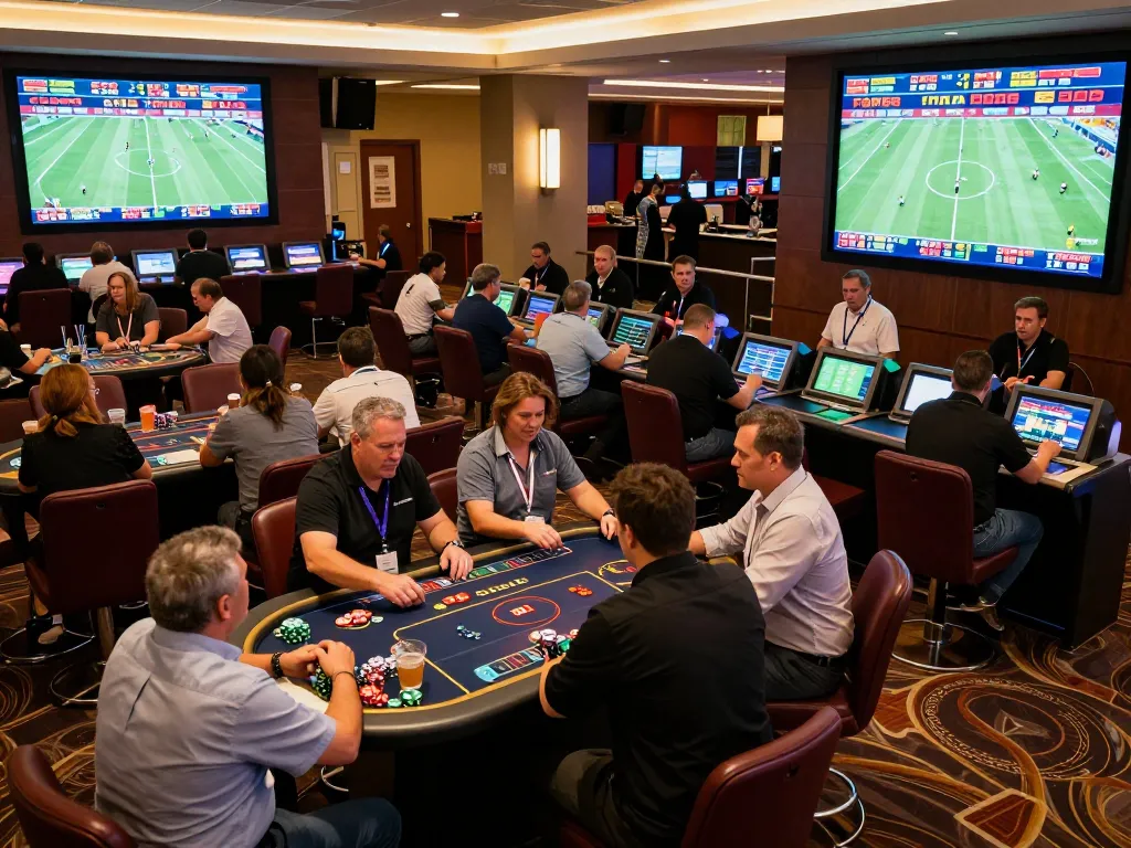 Betbet sports betting scene with patrons placing bets, high energy atmosphere in a modern casino.
