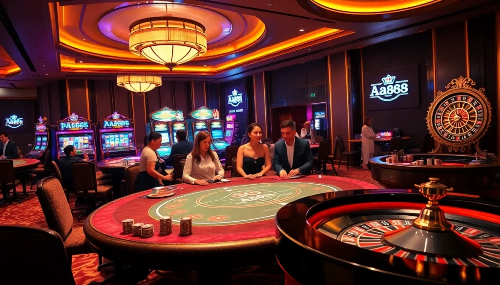 Experimente a emoção da AA888 com jogadores desfrutando de uma atmosfera de jogo luxuosa em um cassino.