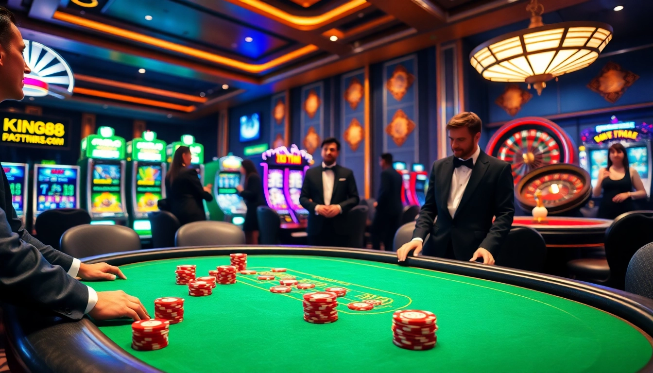 Experience king88 excitement at a luxury casino table with vibrant poker chips and elite players.