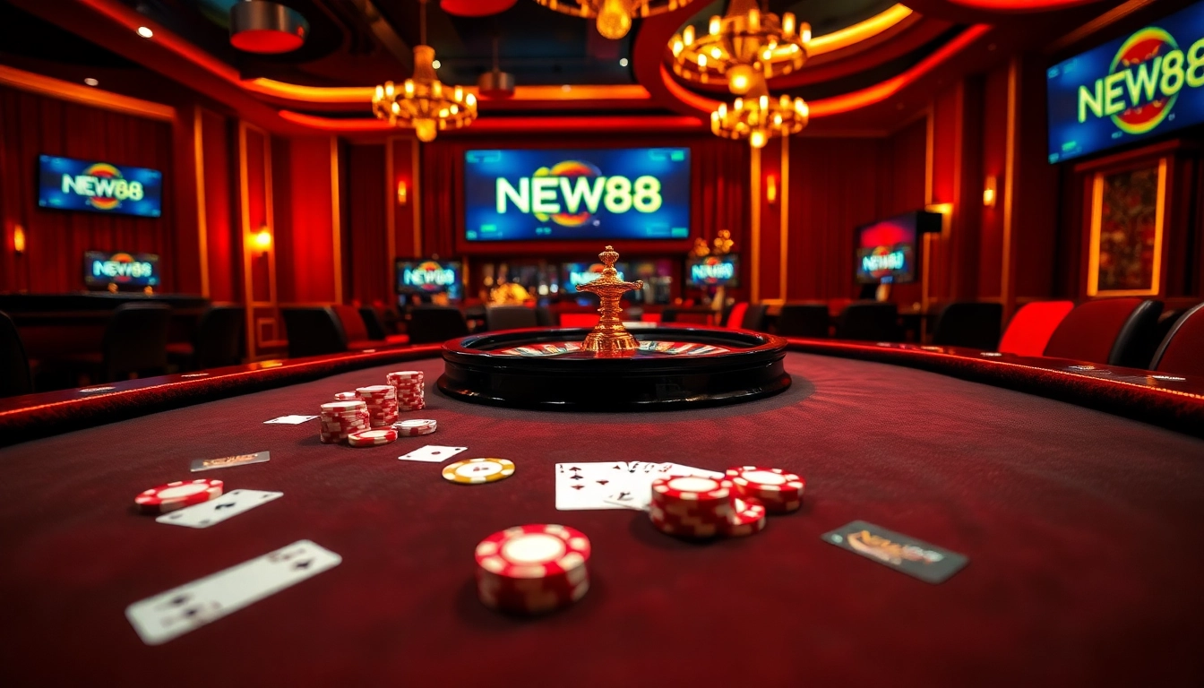 Join the excitement at NEW88 with a luxurious casino scene showcasing vibrant roulette tables and poker chips.