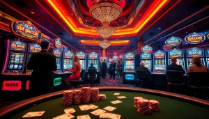 Players enjoying the thrill of slot gacor machines in a vibrant casino atmosphere, highlighting excitement and engagement.