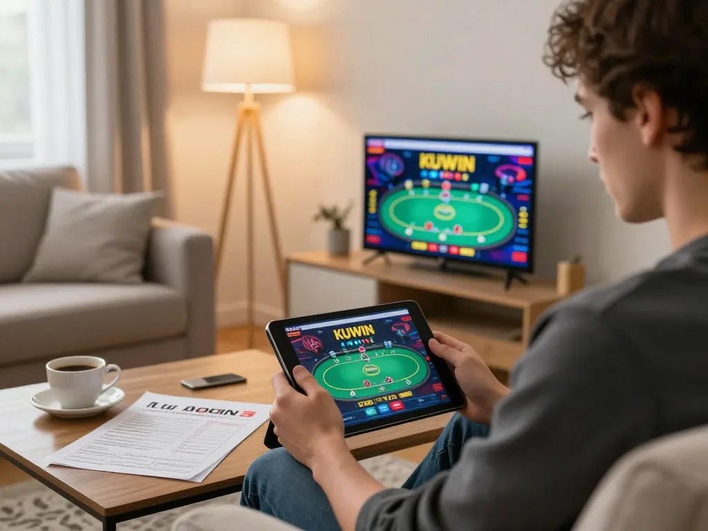 Person enjoying casino gameplay on KUWIN app from a cozy home, showcasing strategic betting.