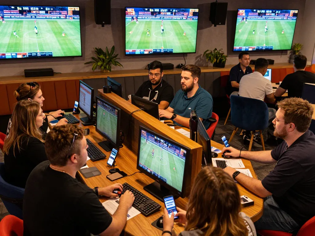 Patrons actively placing bets at sports lounge on manclub, showcasing excitement and strategic gameplay during live matches