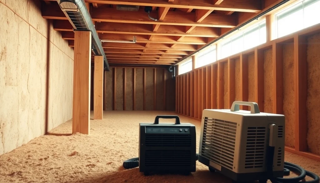 Crawl Space Restoration showcasing clean, treated wood and essential tools in a bright basement.