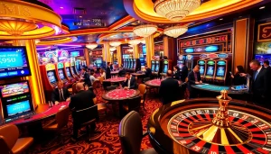 Players enjoying CM 88 casino action with vibrant slot machines and roulette wheels.
