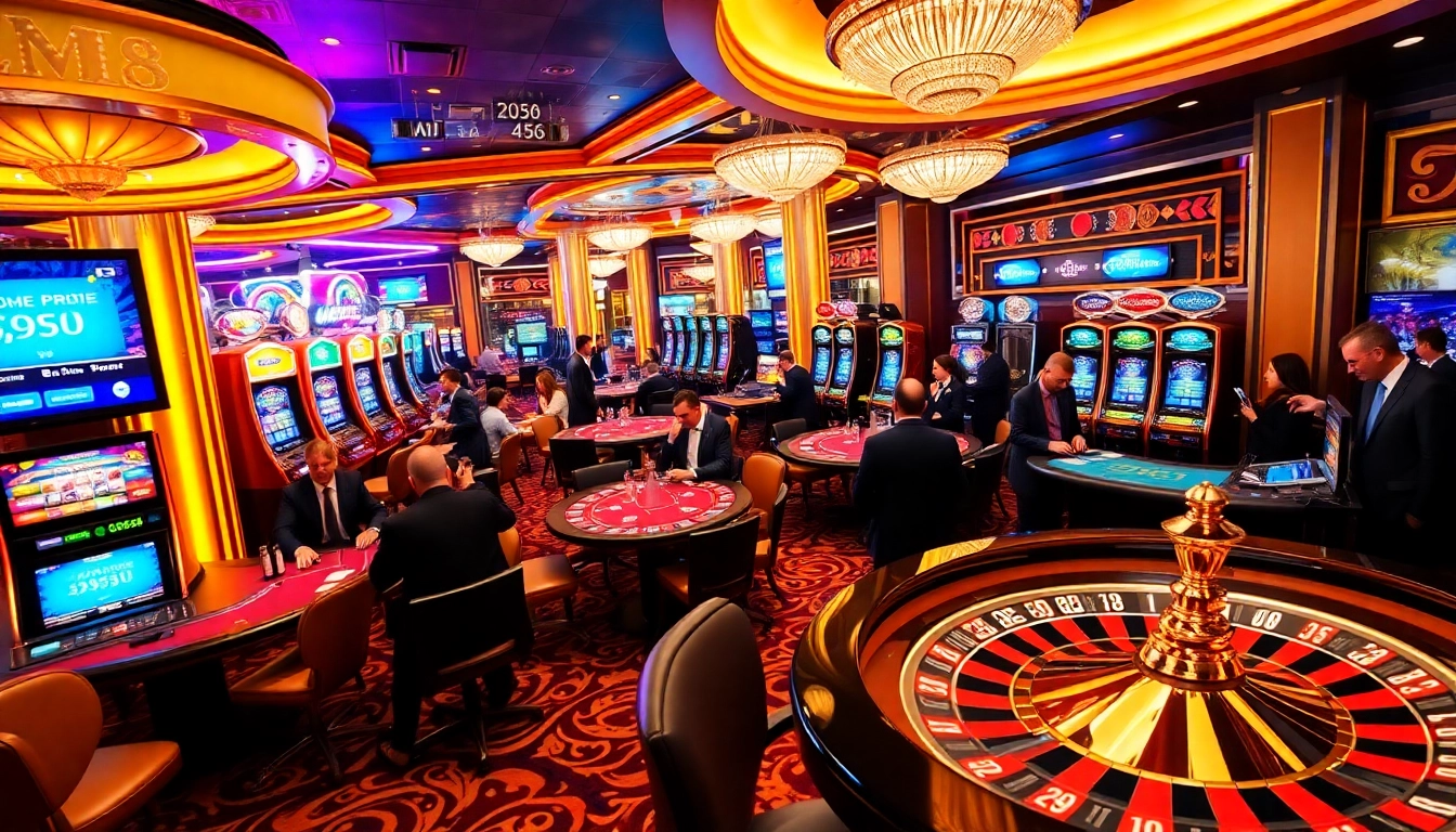 Players enjoying CM 88 casino action with vibrant slot machines and roulette wheels.