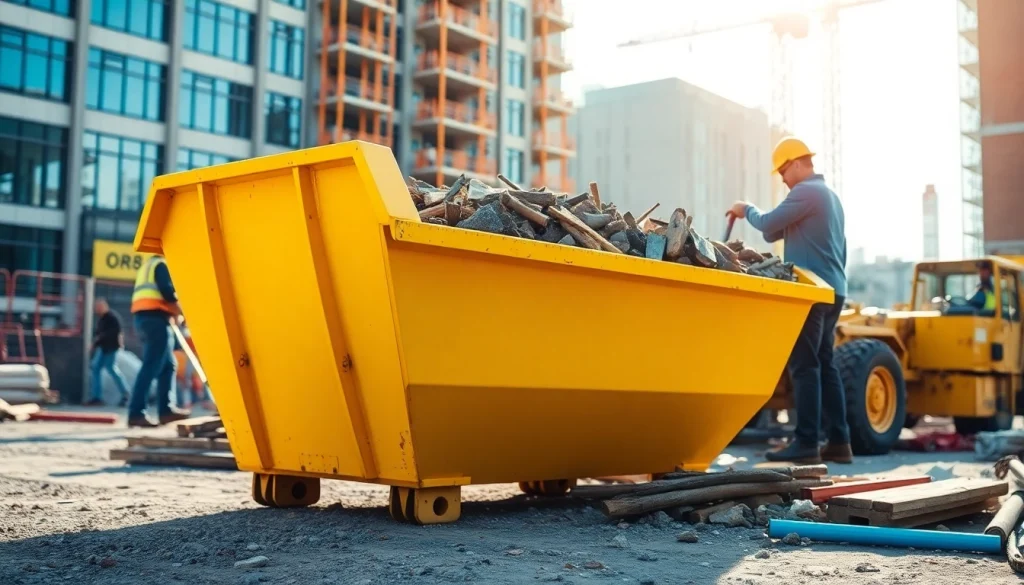 Efficient skip hire service shown at a bustling construction site with dynamic workers.