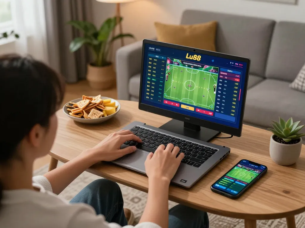 Engaging in sports betting on Lu88 with real-time odds on a laptop in a cozy home setup.