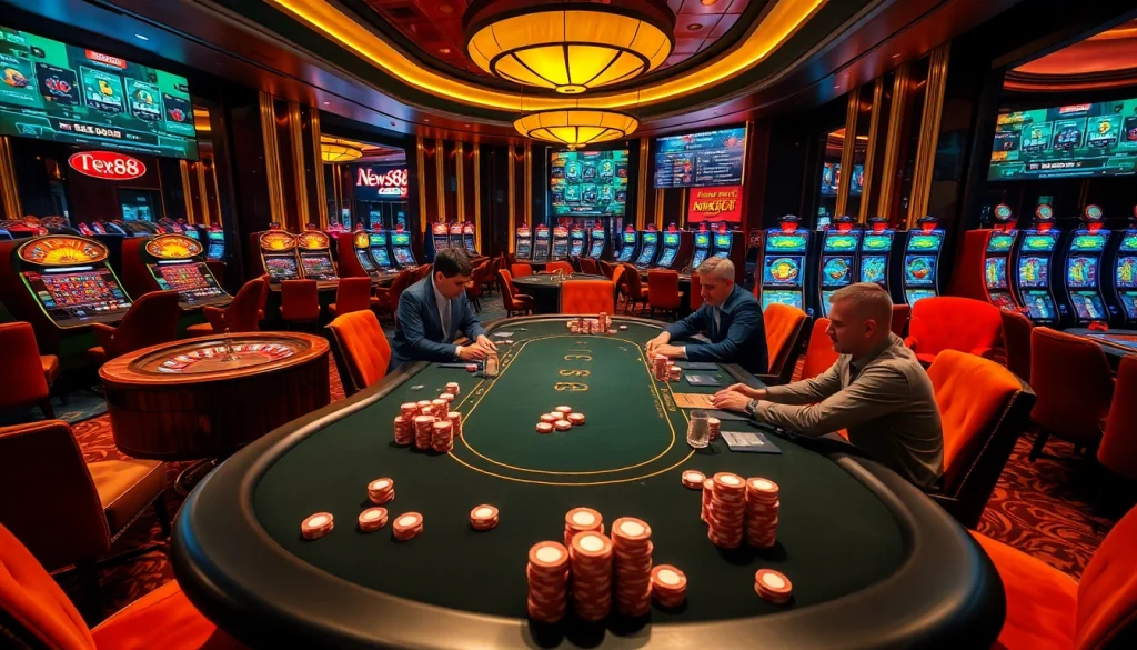 New88 poker players engaged in an exciting game at a high-stakes casino table.