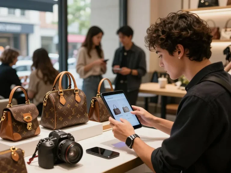 Engaging shopping experience at a 레플리카 쇼핑몰, showcasing luxury replica handbags in a modern urban café.