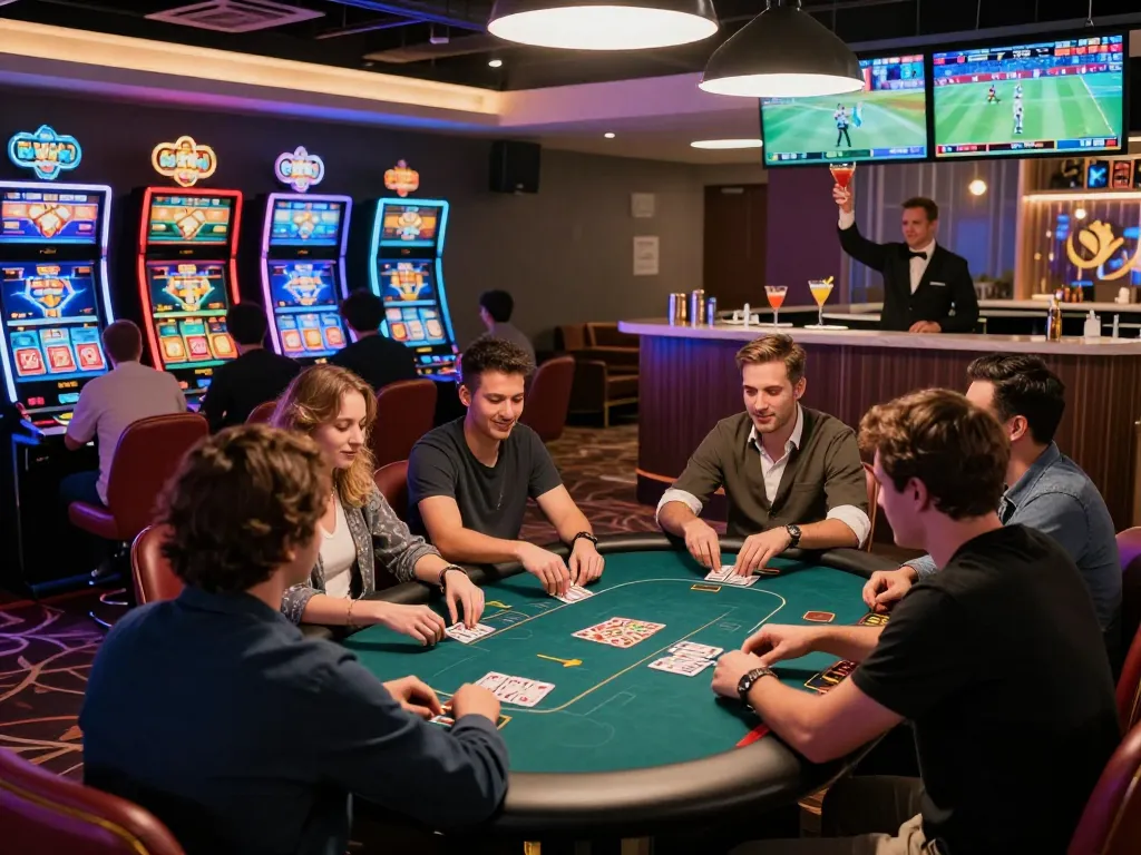 Players at BK8 casino enjoying poker amidst vibrant gaming machines and live sports screens.