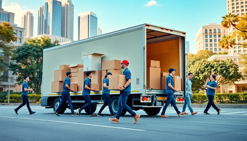 Efficient canadian movers handling boxes and furniture in a lively urban environment.
