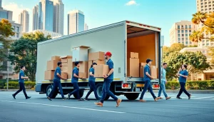 Efficient canadian movers handling boxes and furniture in a lively urban environment.