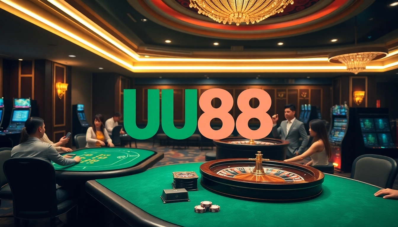 Players enjoying a high-stakes game at UU88 Casino, complete with luxurious tables and colorful slots.