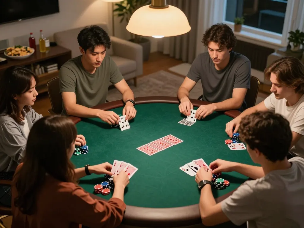 Friends enjoying a lively poker night at home, capturing the fun atmosphere and strategic moments at the table with f8betz featured prominently.