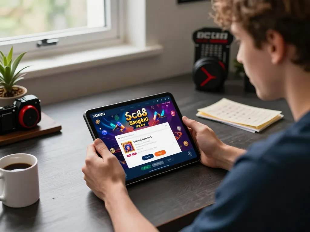 SC88 đăng ký process shown on a tablet screen during an online gaming session, highlighting engaging casino visuals and strategic excitement.