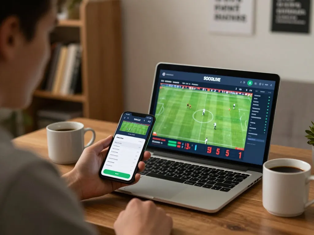 SOCOLIVE user placing bets on live soccer games using smartphone and laptop in a cozy home setting.