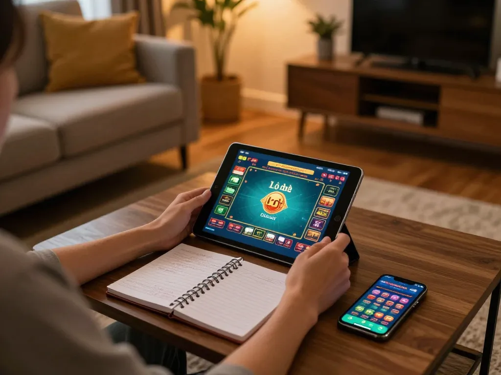 Lô đề online gaming scene in a cozy living room with strategic betting notes and tablet.