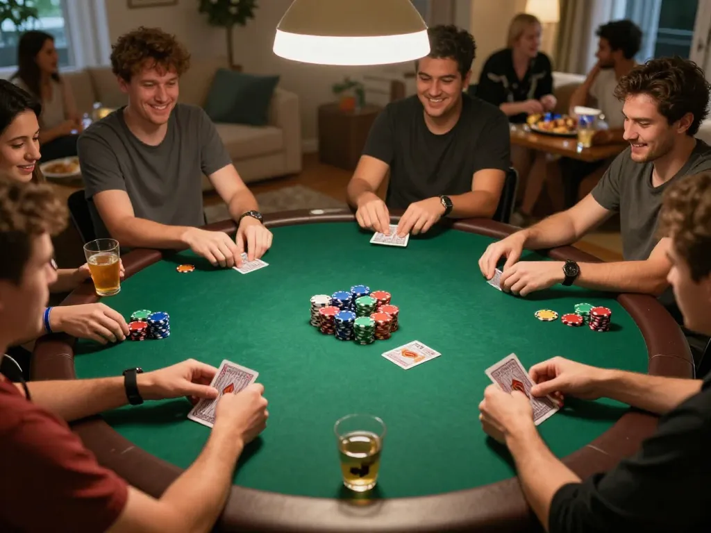 Players engaging in a strategic poker game at home, showcasing the social aspect of 5679 gambling.