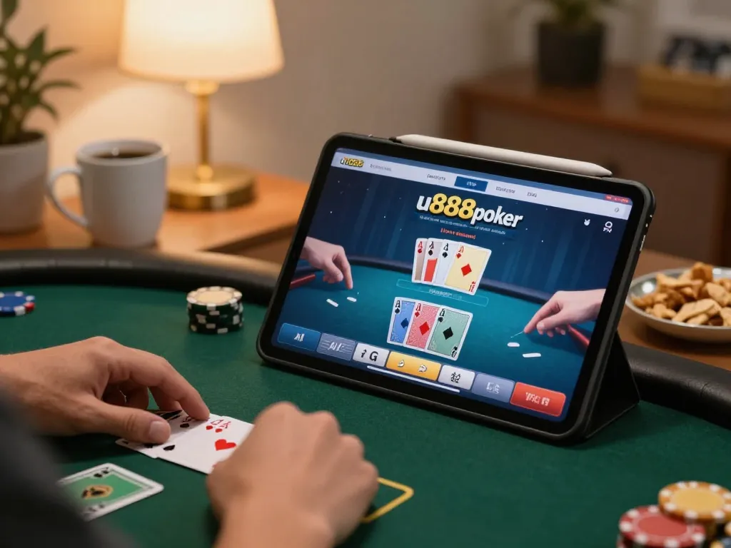 Engaged players at u888poker table using strategy while betting in a cozy home setup.