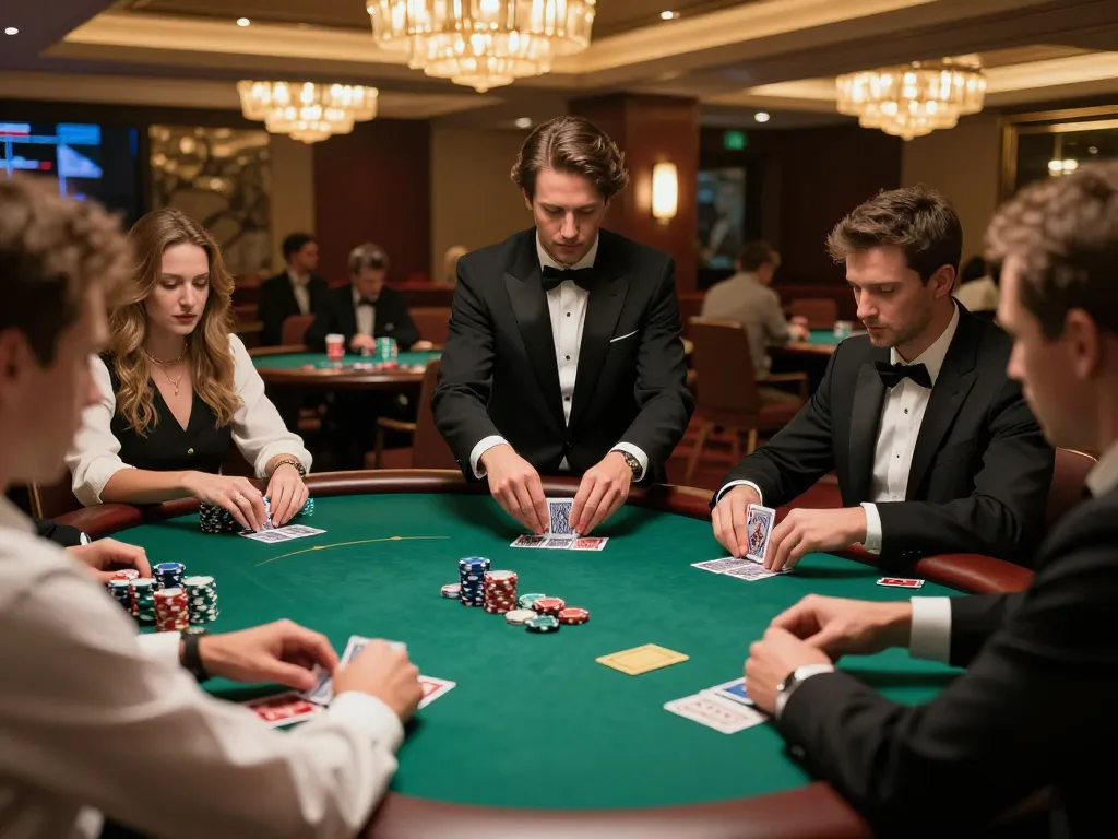 789win players engaged in high-stakes poker game at elegant casino table.