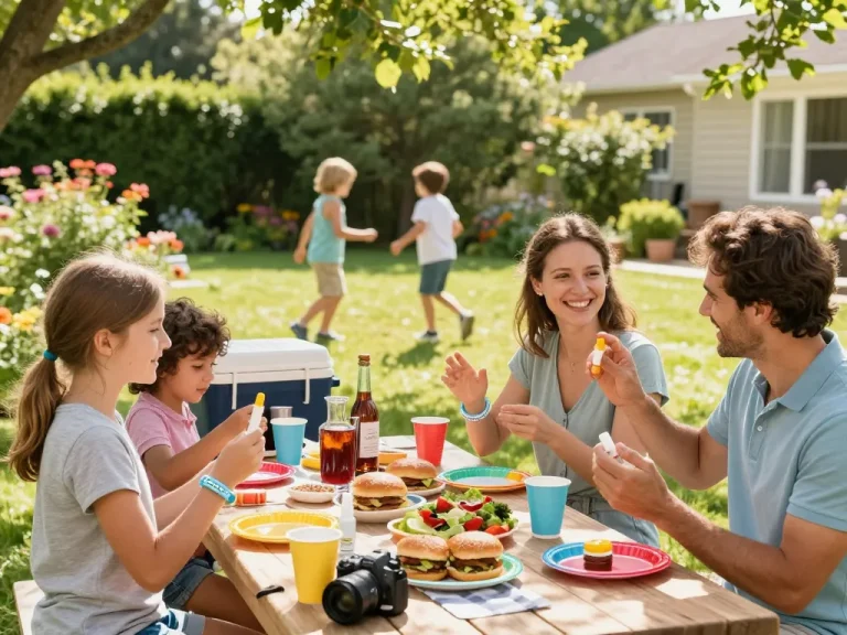 Family enjoying a backyard barbecue while using the Best Mosquito Repellent for protection against bugs.