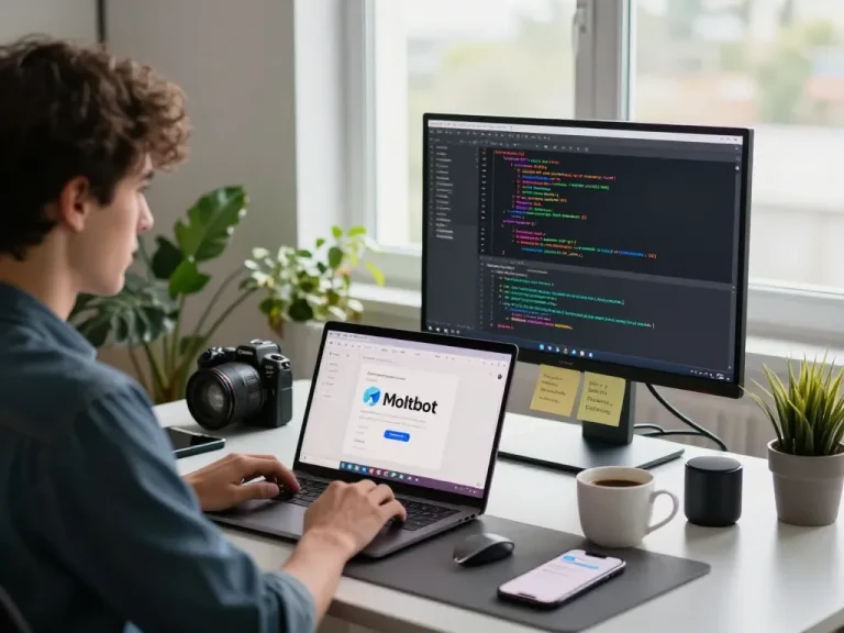 Moltbot AI assistant in action with a user coding in a modern home office.
