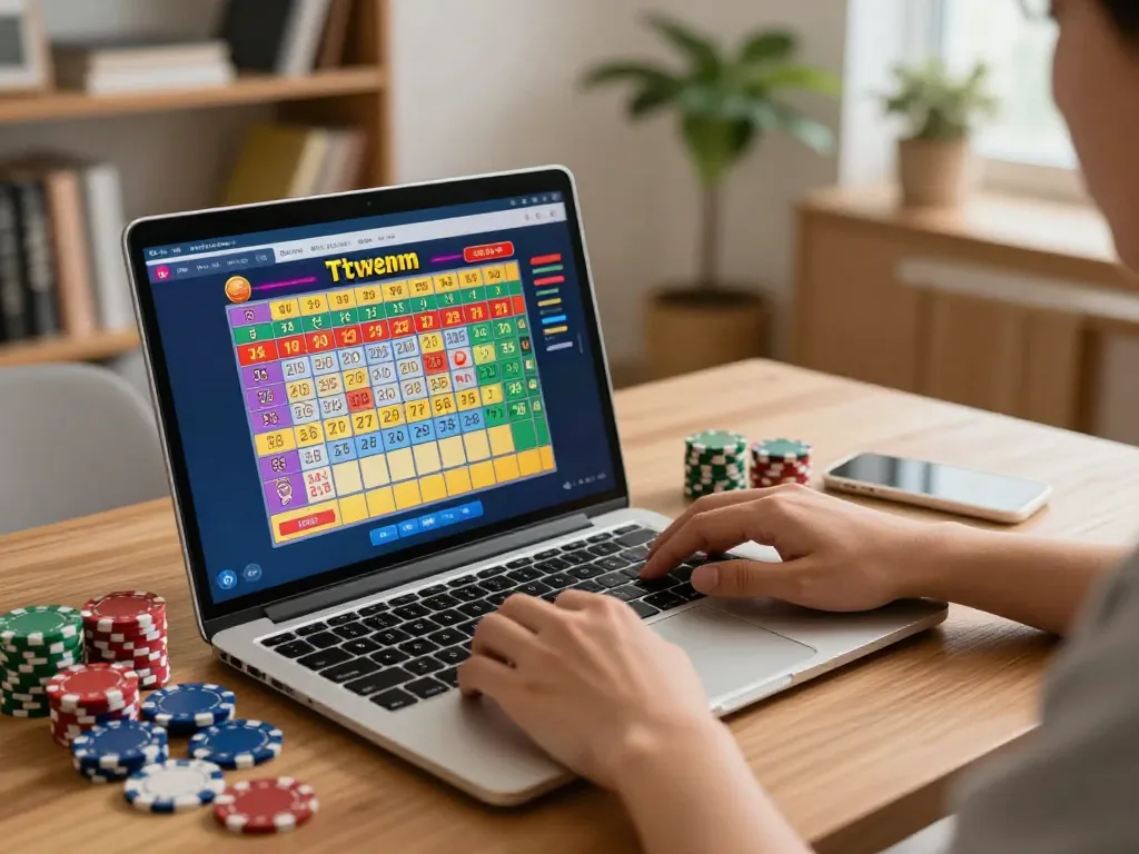 Permainan situs togel online ditampilkan dengan seorang pemain yang aktif terlibat di laptop mereka, menampilkan antarmuka taruhan.