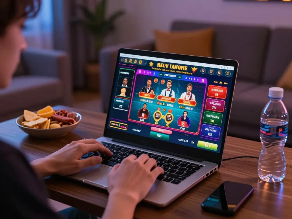Engaging in online 包网 casino gaming with a laptop showing live dealer action in a cozy room setting.