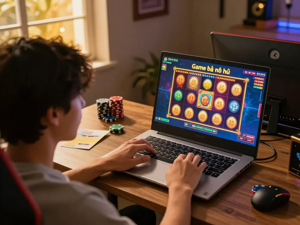 Engaging in Game bài nổ hũ gameplay on laptop, player's strategy notes nearby, comfortable online gaming setup