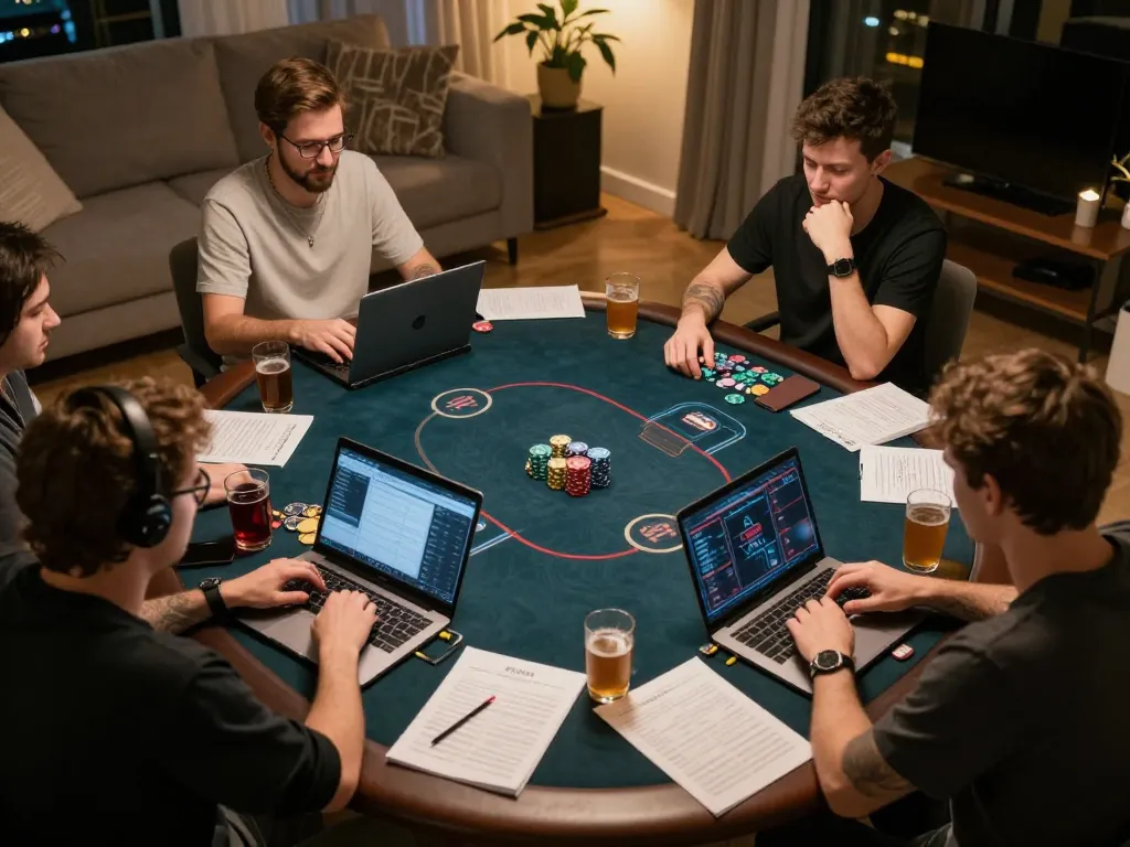 vin88 players enjoy online poker, showcasing engaging gameplay and cozy home atmosphere