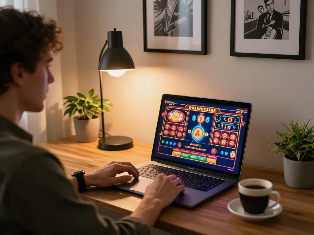 Engaging in casino online senza registrazione with laptop at home, showcasing vibrant gaming activity