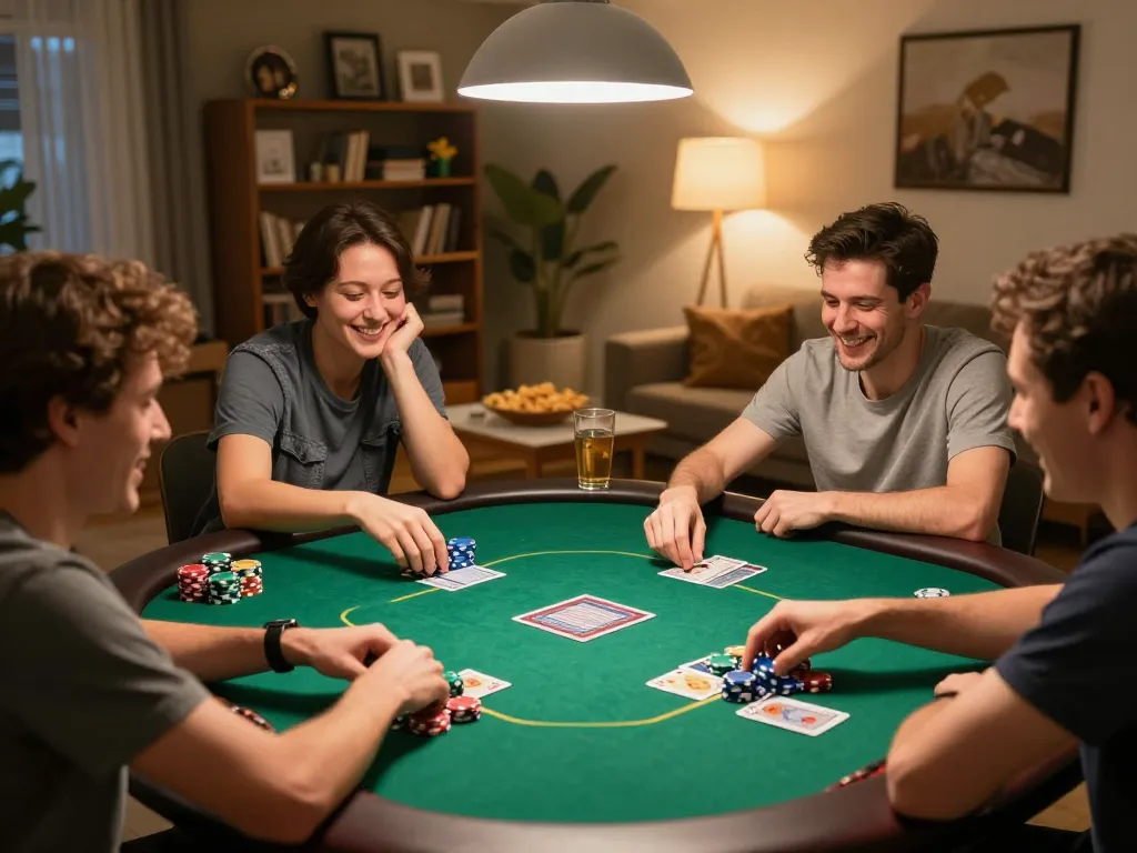 Daga players enjoying a strategic poker game at home, showcasing chips and cards in action.
