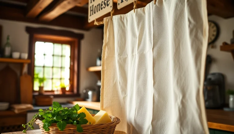 Gebruik kaasdoek om heerlijke kazen te maken in een gezellige keuken met natuurlijke verlichting.