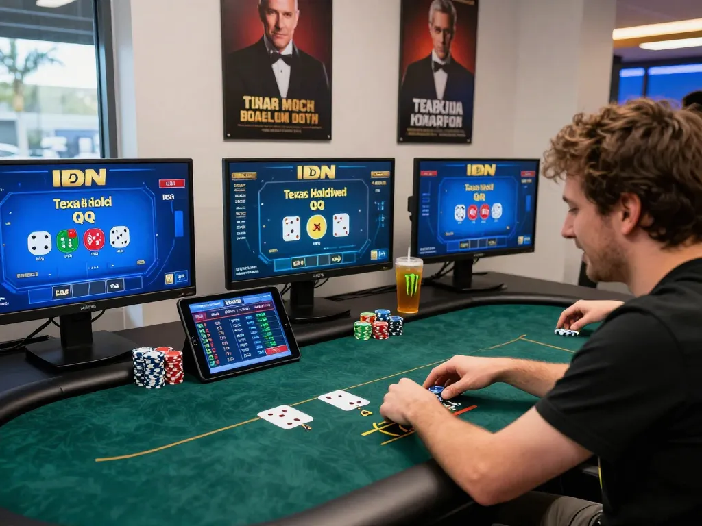 Engaged player enjoying IDN Poker games at a modern gaming desk with excitement.