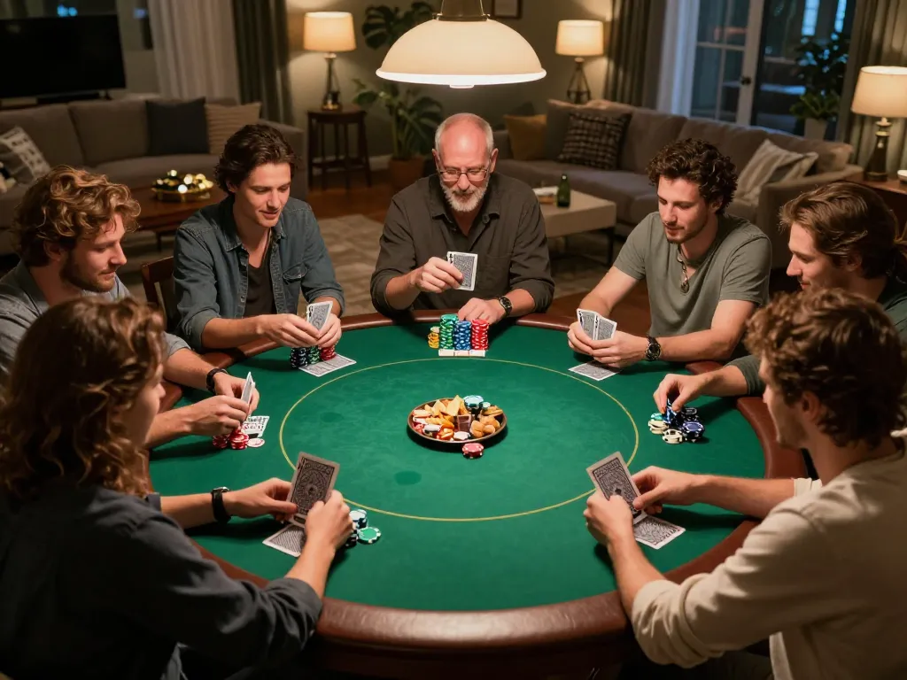 Friends enjoying a friendly poker game, illustrating hidden wiki links to gaming strategies